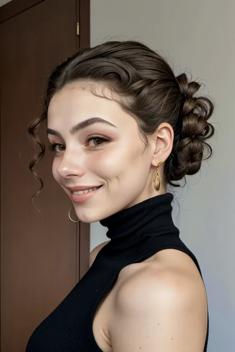 a close up of a woman with a black top and a black turtle neck