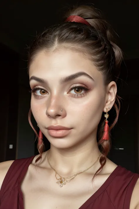 a woman with a red top and earrings is posing for a picture