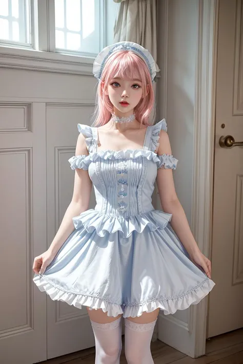 (masterpiece, best quality), 1girl, blue and white frill dress, (white stockings), pink hair, cute face, standing, indoor, intri...