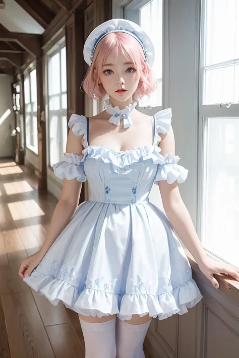 (masterpiece, best quality), 1girl, blue and white frill dress, (white stockings), pink hair, cute face, standing, indoor, intri...