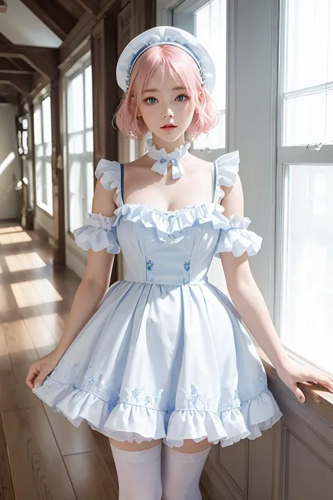 (masterpiece, best quality), 1girl, blue and white frill dress, (white stockings), pink hair, cute face, standing, indoor, intricate detail, sunlight,