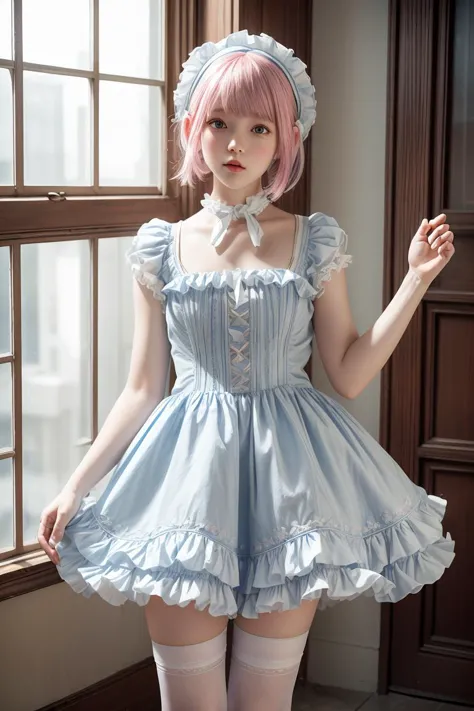 (masterpiece, best quality), 1girl, blue and white frill dress, (white stockings), pink hair, cute face, standing, indoor, intri...