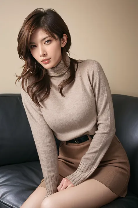 a woman sitting on a couch wearing a tan sweater and skirt