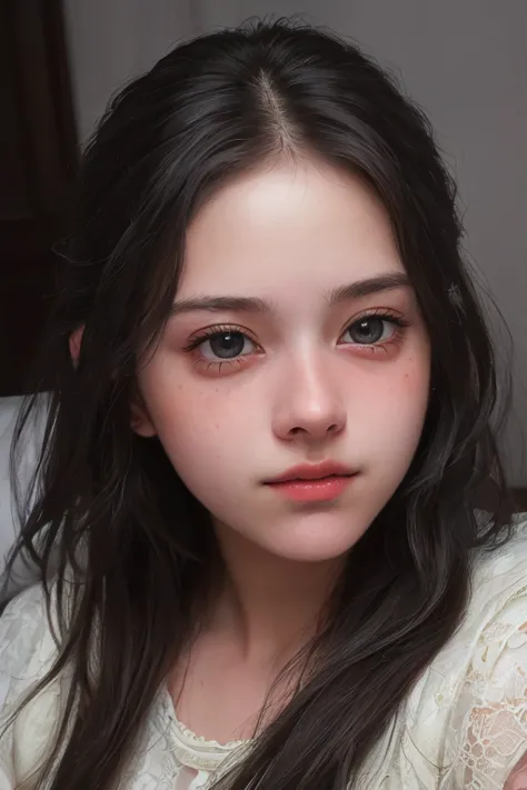 a close up of a young woman with long hair and a white shirt