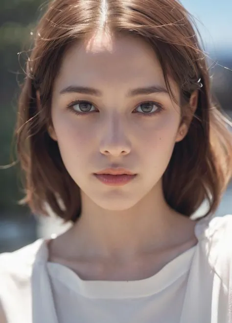 a woman with brown hair and a white top looking at the camera