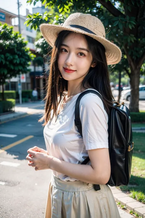 a woman with a hat and a backpack walking down a street