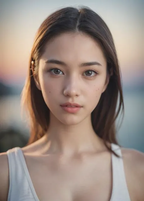 a woman with long hair and a white tank top posing for a picture