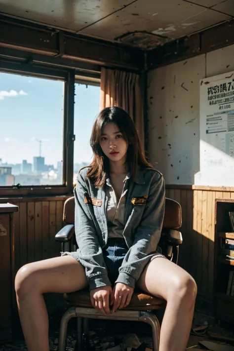 a woman sitting on a chair in a room with a window