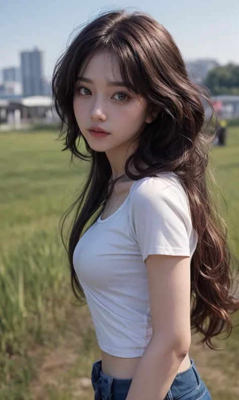 a close up of a woman with long hair standing in a field