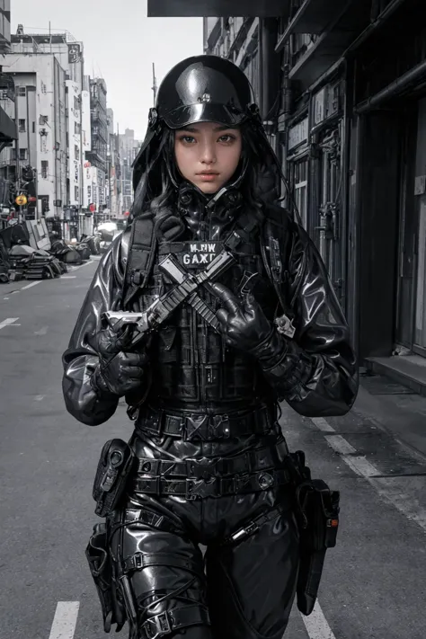 solo,1Girl,standing split,,ruanyi0524,backpack,belt,bulletproof vest ,gloves,tactical clothes,cowboy shot,outdoors,street,road sign,thigh gap, best quality,masterpiece,highres,official art,extremely detailed cg unity 8k wallpaper, ( glossy shiny skin:1.2),(latex skin:1.2),
 <lora:0524 navy tactical uniform_v1:0.75> ruanyi0524