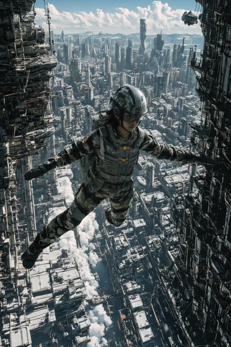 a man in a military uniform is flying over a city