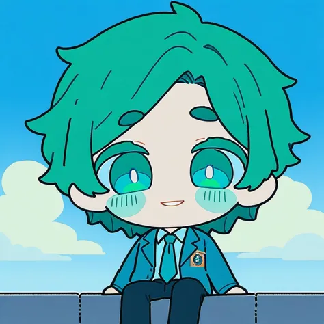 anime boy with green hair sitting on a ledge with a camera