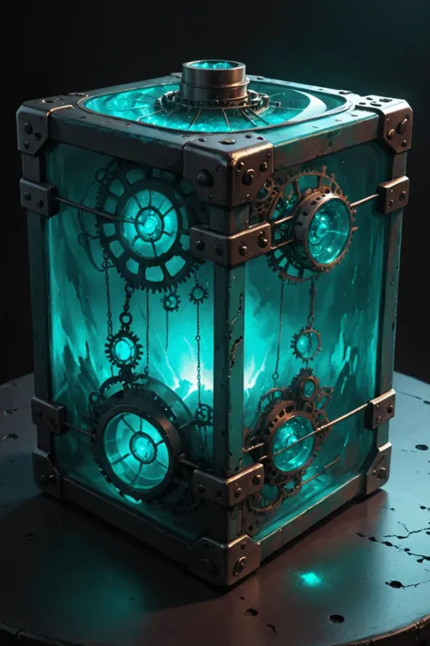contained color, Darkness Unleashed inside of a square steampunk container with (teal  tinted glass), <lora:Contained_Color_SDXL...