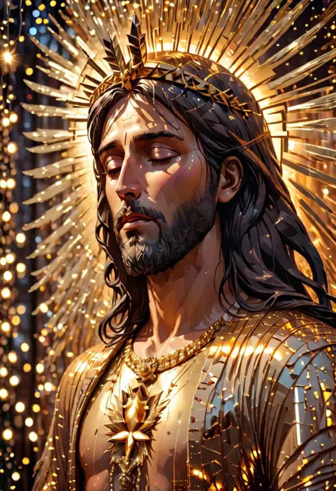 abstract portrait of jesus christ made out of pieces of gold that look like glass,  gldnglry surrounded by shimmering fairy lights, he has his eyes closed, hdr, intricate details, masterpiece, highly detailed, 35mm photograph, kodachrome, dslr, sharp focus