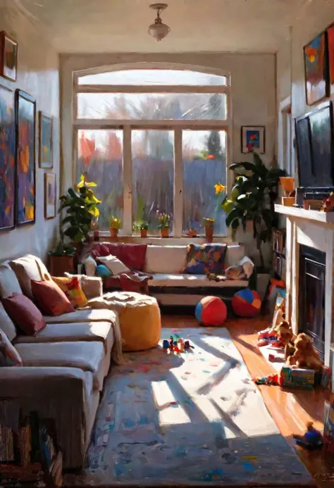 (impressionistic realism by csybgh) The interior of a sun room in a modern family home, a cozy living room with the tv on, toys ...