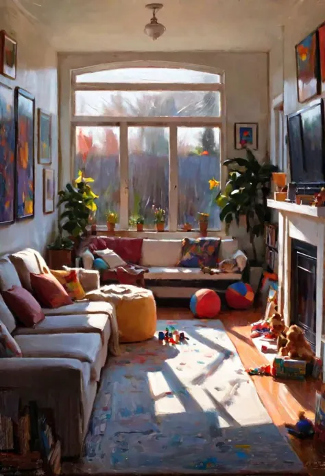 (realismo impressionista por csybgh) O interior de uma sala de sol em uma casa moderna de família, uma sala de estar aconchegante com a televisão ligada, brinquedos estão no chão, livros estão abertos na mesa, arte colorida nas paredes, paredes brancas, sofá confortável,   vestígios de uma vida familiar, bela luz do sol brilha pela janela, portas abertas para um jardim exuberante,  objetos perfeitos, obra de arte, detalhes intrincados, Altamente detalhado, 8K, pintura de impasto, pincelada áspera, pintura com faca de paleta, textura de tela visível