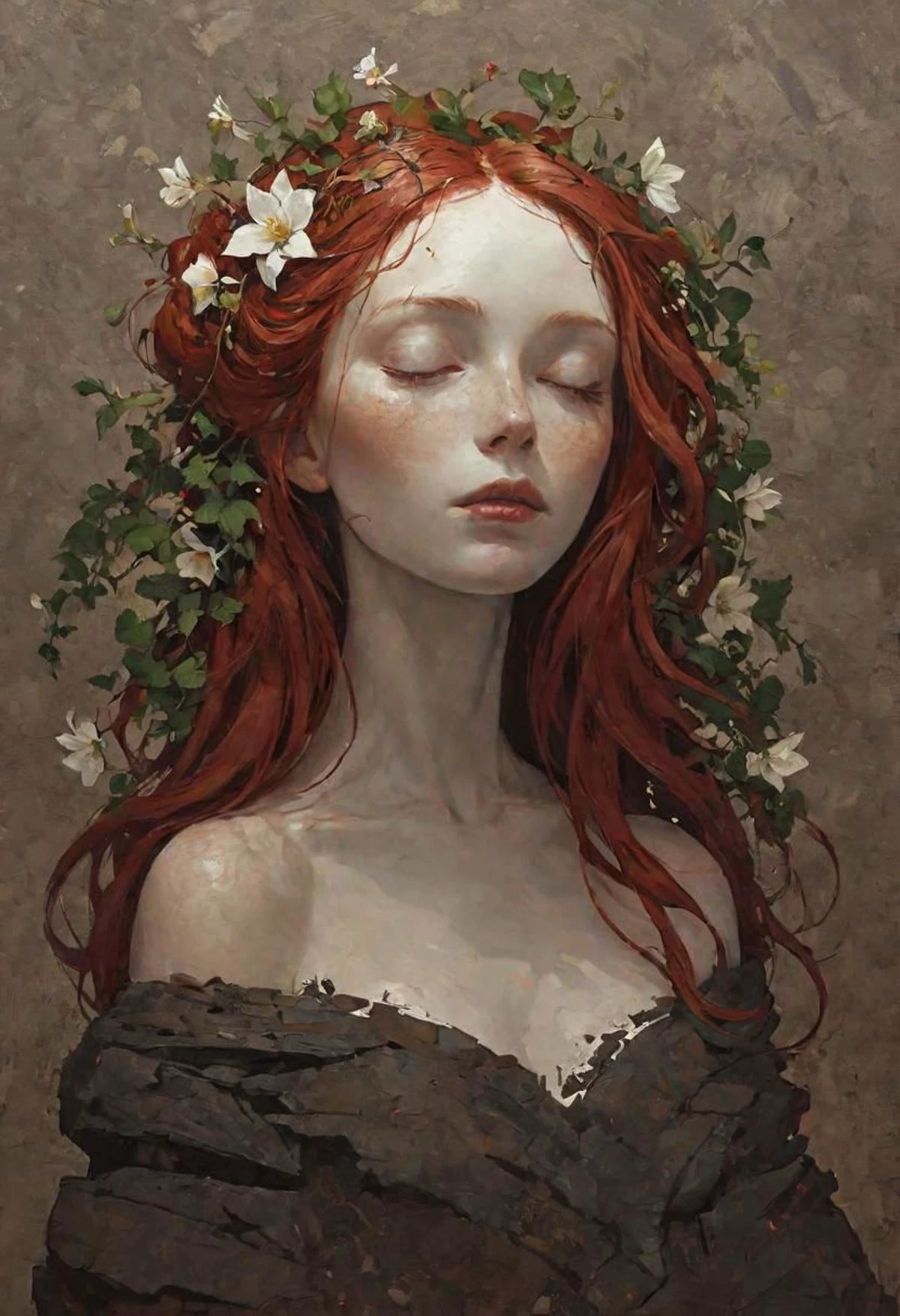 by alena aenami, ((beautiful:1.4)), (masterpiece, best quality:1.4) , in the style of nicola samori, ((silhouette of a woman made of stone)), red hair, porcelain skin, white skin, perfect head, perfect face, Greg Rutkowski, magical environment, flowers, vines on the body, perfect anatomy, slim body, intricately detailed, bokeh, perfect balanced, deep fine borders, artistic photorealism, smooth, great masterwork by head of prompt engineering, ethereal background, difussed lights,