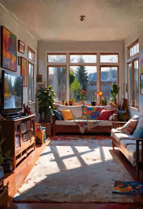 (impressionistic realism by csybgh) The interior of a sun room in a modern family home, a cozy living room with the tv on, toys are on the ground, books are open on the table, colorful art on the wals, white walls, comfortable couch,   traces of a family life, beautiful sunlight shines through the window, doors open to a lush garden,  perfect objects, masterpiece, intricate details, highly detailed, 8k, impasto painting, rough brushwork, palette knife painting, visible canvas texture