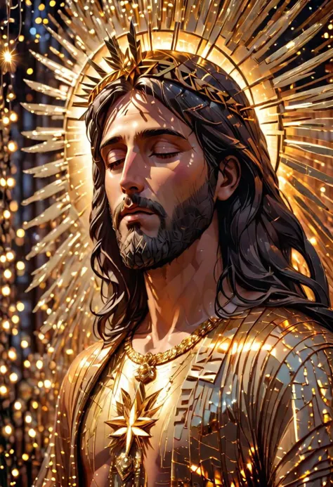abstract portrait of jesus christ made out of pieces of gold that look like glass,  gldnglry surrounded by shimmering fairy lights, he has his eyes closed, he looks calm and serene, he brings peace and hope, hdr, intricate details, masterpiece, highly detailed, 35mm photograph, kodachrome, dslr, sharp focus