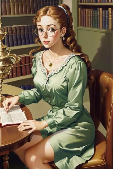 Masterpiece, best quality, hi res, 8k, hi res, 8k,  award winning , (sharp focus, intricate, highly detailed) <lora:pearlfrush:0.9> frush,painting of a surprised woman in a library, glasses