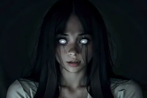 1 woman, Sadako, hair over eyes, pale skin, grey skin, looking at screen, [dark room], StareWare, shirome, [glowing] eyes