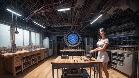 Professional photo RAW, portrait, science lab (university, scientific research machines, high top wood lab table (butcher block,...