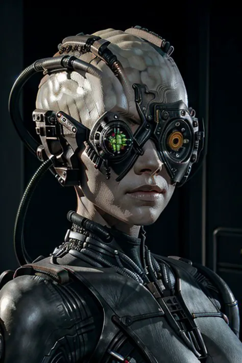female, borg, cyborg, bald, gray skin, veins, metal armor, cable, eyepatch, portrait, 4K resolution, 8K resolution, nude