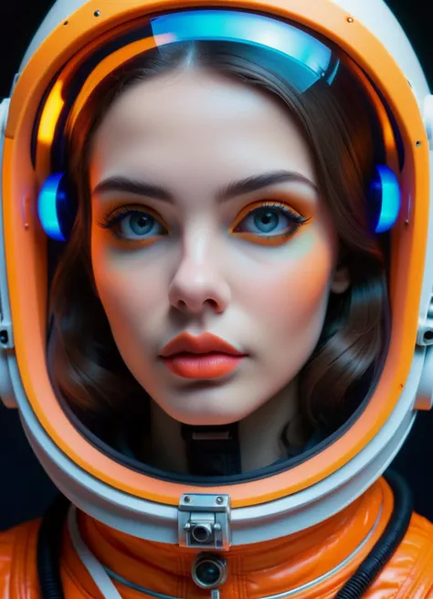 a close up of a woman wearing an orange astronaut suit