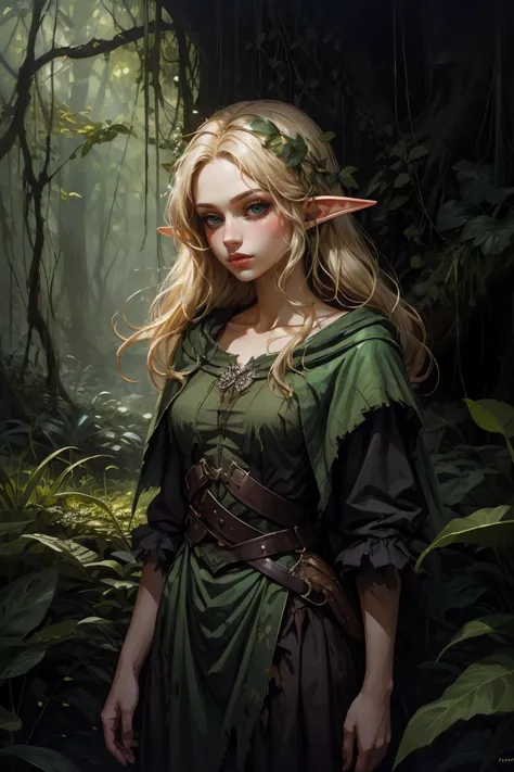 asterpiece, best quality, one young cute woman elf, blonde hair, green torn clothes, nature, green theme, forest overgrown, medi...