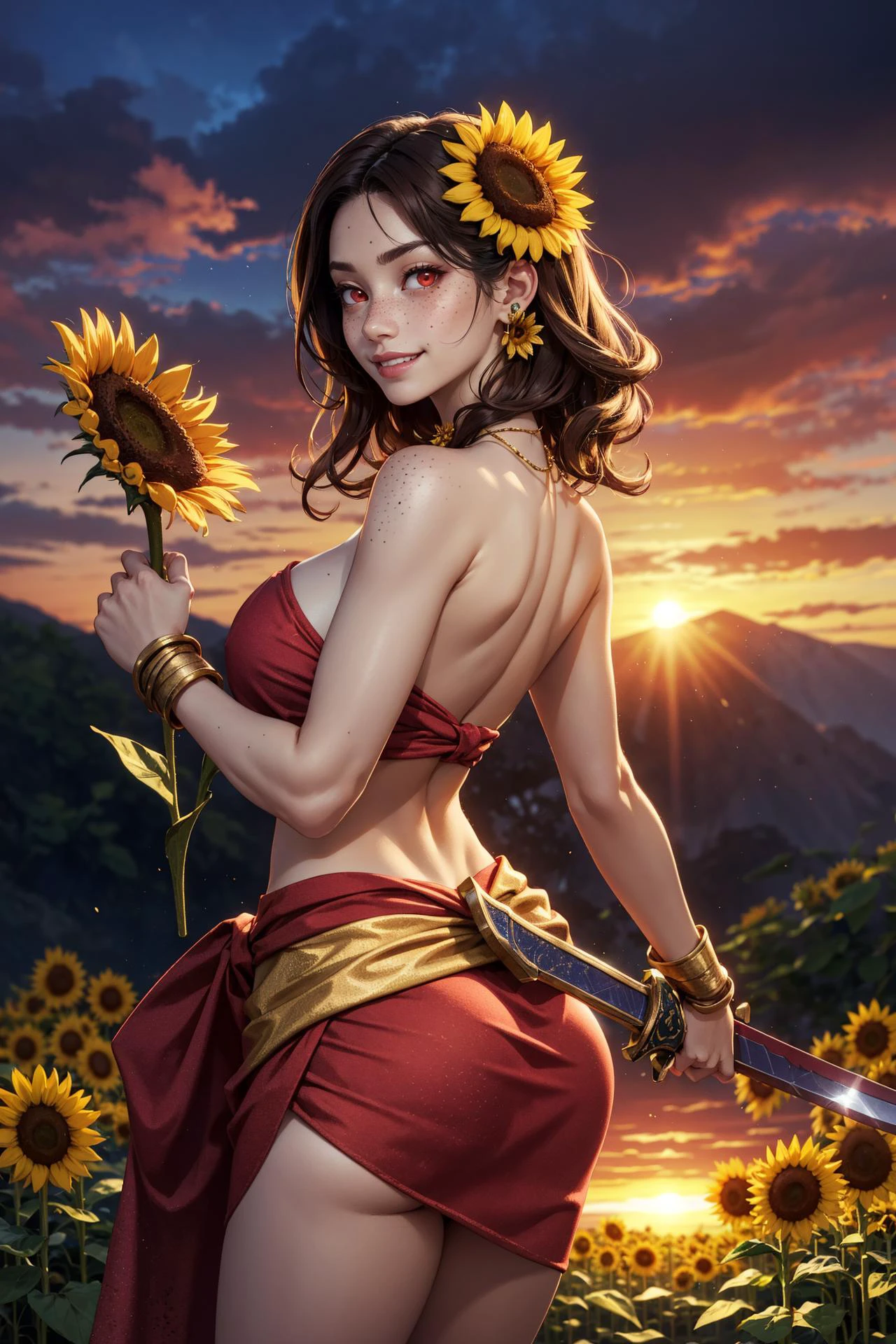1girl, areola_slip, ass, brown hair, ear_protection, fang, flower, freckles, gold_armor, hair_flower, holding_sword, holding_weapon, leona \(lol\), looking_at_viewer, necklace, red_eyes, sarong, smile, solo, strapless, sunflower_hair_ornament, sunset  