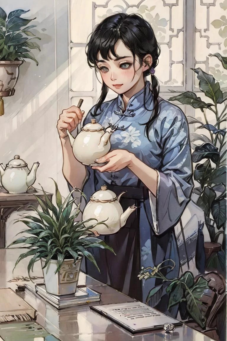 best quality, masterpiece,1gril,solo,  holding,(1 teapot:1),black hair,  paintbrush, chinese clothes,  window, indoors,  potted plant,table,chineseelementaryschoolbooks, 