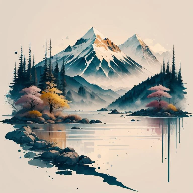 beste Qualität,gute Qualität, weißer Hintergrund, Landschaft, ink, Berge, Wasser, Bäume, 