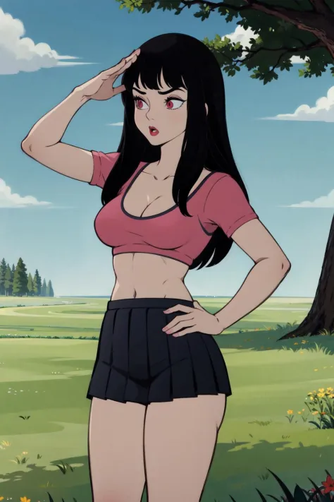 8k, best quality, masterpiece:1.2,inusen, flat color, finely detailed, detailed illustration,intricate,sky, grass, tree,brown ground,solo,1girl,pink t-shirt, crop top, black pleated skirt,pink eyes,black hair,(blunt bangs),standing, surprised,looking afar,...