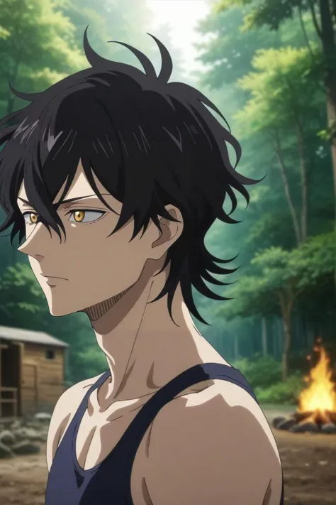 a man with black hair and a tank top standing in front of a forest