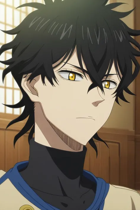 a close up of a person with a black hair and yellow eyes