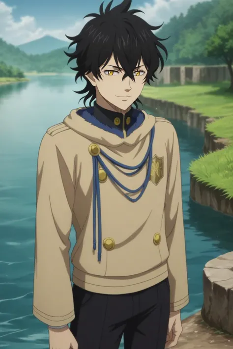 score_9, score_8_up, score_7_up, source_anime, rating_safe, , anime screencap, , , , depth of field, 1boy, solo, male focus, <lora:yuno_black_clover_pony:0.94>, yuno_black_clover, black hair, yellow eyes, short hair, hair between eyes, straight-on, full body, river, day, paw pose, naughty smile, , <lora:sdxl_lightning_8step_lora:1>