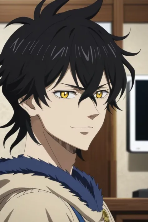 a close up of a person with a black hair and yellow eyes