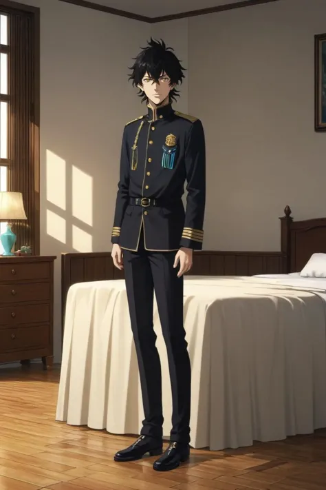 a man in uniform standing in front of a bed in a room