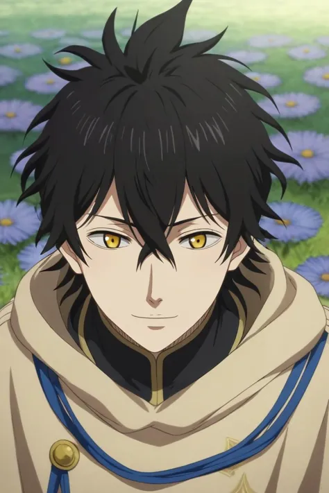 a man with black hair and yellow eyes standing in front of flowers