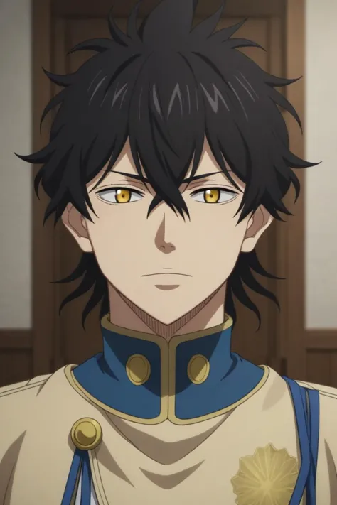 a man in a uniform with yellow eyes and a black hair