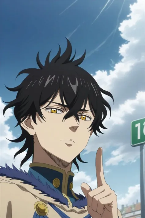 score_9, score_8_up, score_7_up, source_anime, rating_safe, intricate details, anime screencap, , , , , 1boy, solo, male focus, <lora:yuno_black_clover_pony:1>, yuno_black_clover, black hair, yellow eyes, short hair, hair between eyes, from below, bus stop, day, clouds, index finger raised, :D, zombie costume, <lora:sdxl_lightning_8step_lora:1>