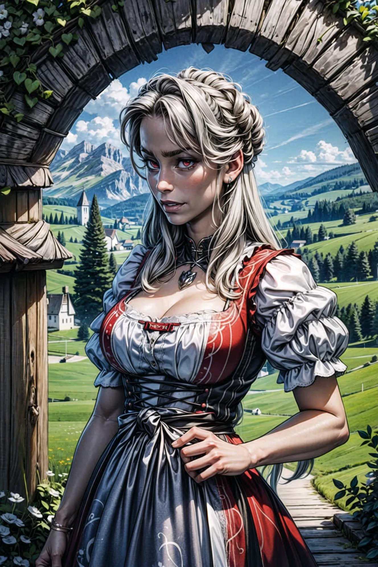 Milly Alcock, uma mulher, Cabelo longo prateado, cabelo platinado, olhos vermelhos, Rosto animado,  dirndl, vestido tradicional da Baviera, vestindo um vestido