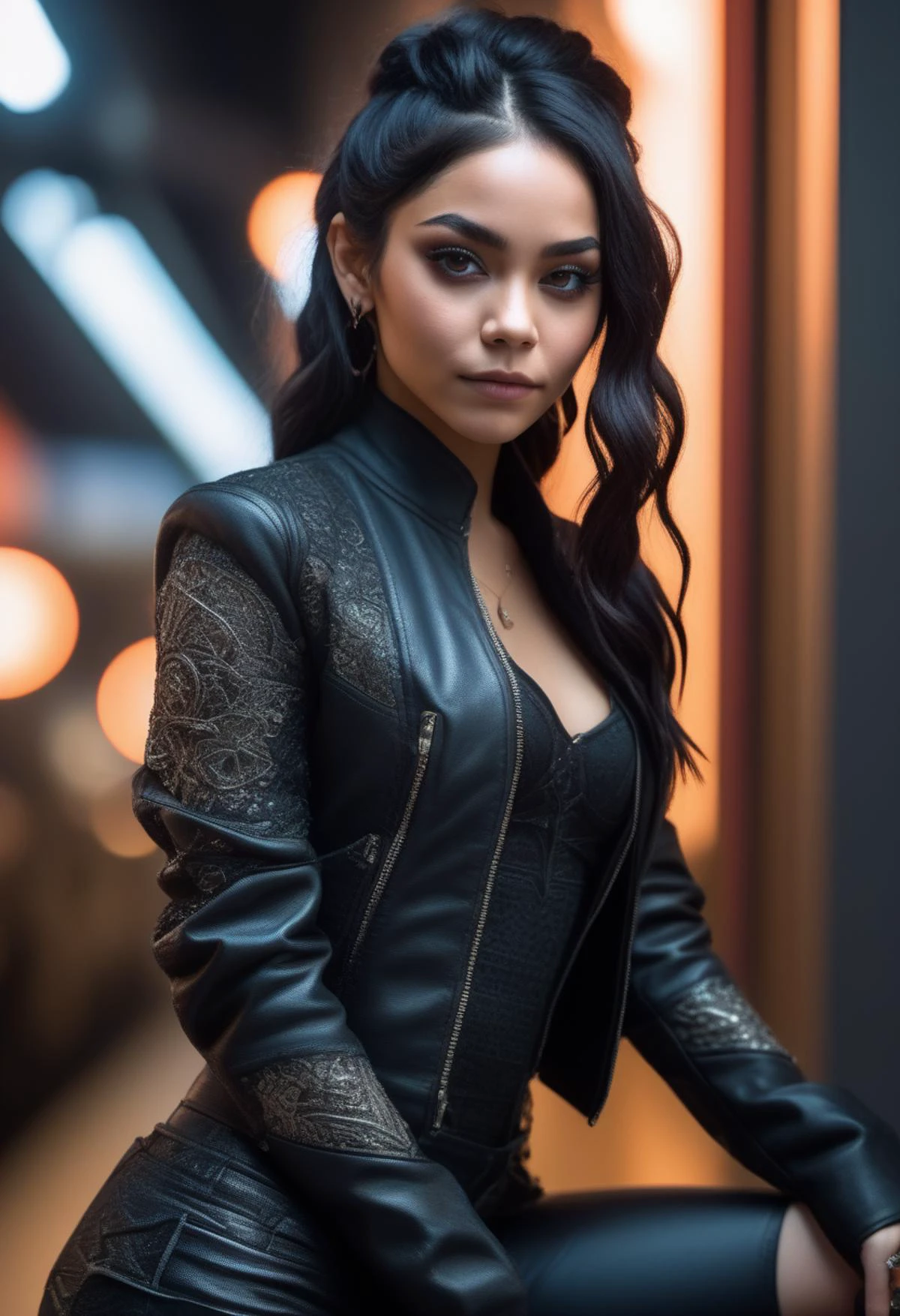 photo of Vanessa Hudgens, age 18, cyberpunk art, gothic art, standing|kneeling, from behind|from front, extremely high quality RAW photograph, detailed background, intricate, Exquisite details and textures, highly detailed, ultra detailed photograph, warm lighting, 4k, sharp focus, high resolution, detailed skin, detailed eyes, 8k uhd, dslr, high quality, film grain, full body