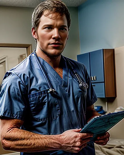 arafed male in scrubs holding a clipboard in a hospital room