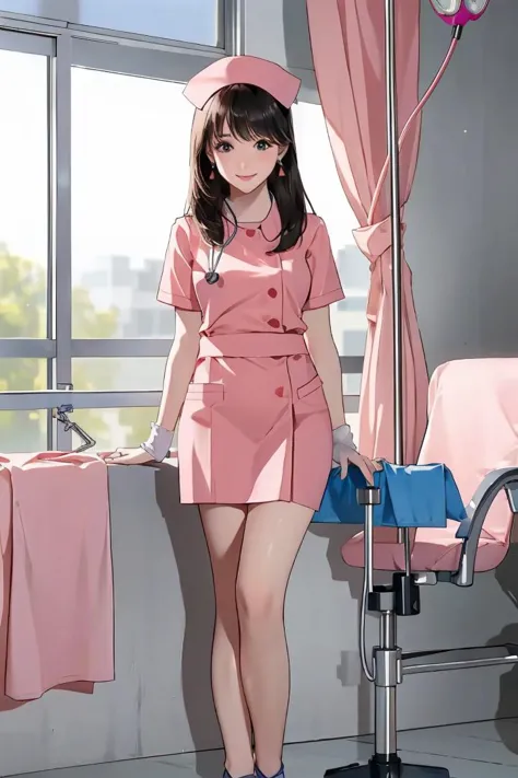 anime girl in pink uniform standing next to a chair in a hospital