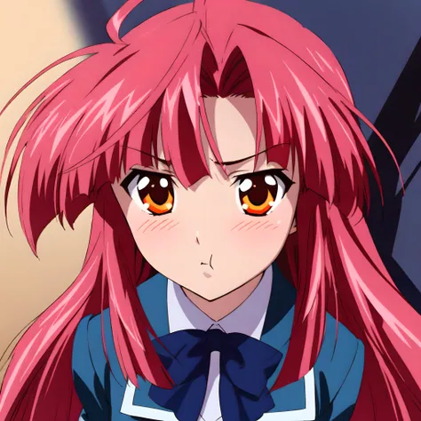 anime girl with long pink hair and orange eyes in uniform