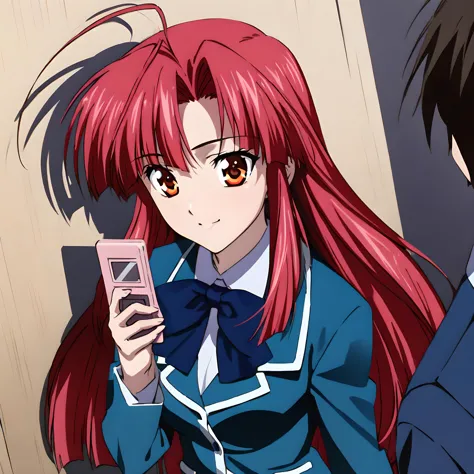 anime image of a woman with red hair and a man with a cell phone