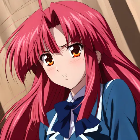 anime girl with long red hair and blue shirt looking at camera