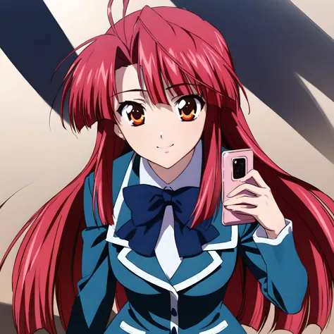 anime girl with long red hair holding a cell phone