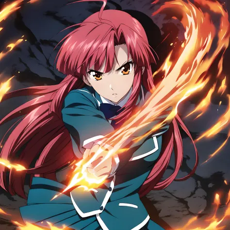 a woman with long red hair holding a sword in front of a fire